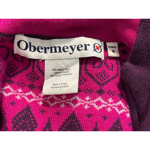 Obermyere Wool Blend Ski Sweater Pink Ladies Medium Fair Isle Full Zip - Picture 6 of 8